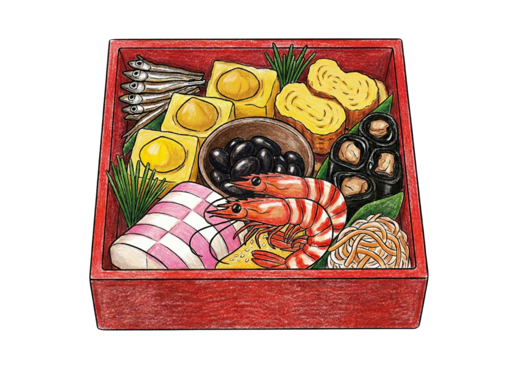 おせち料理のぬりえイラスト｜お正月行事素材｜高齢者向けレクリエーションにも