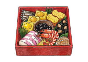 おせち料理のぬりえイラスト｜お正月行事素材｜高齢者向けレクリエーションにも