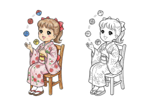 お手玉をする昭和風の女の子のイラスト｜無料ダウンロード｜塗り絵イラスト｜フリー画像｜素材