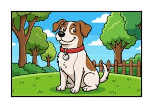 公園にいる笑顔の犬のぬりえ見本｜子供向け動物イラスト