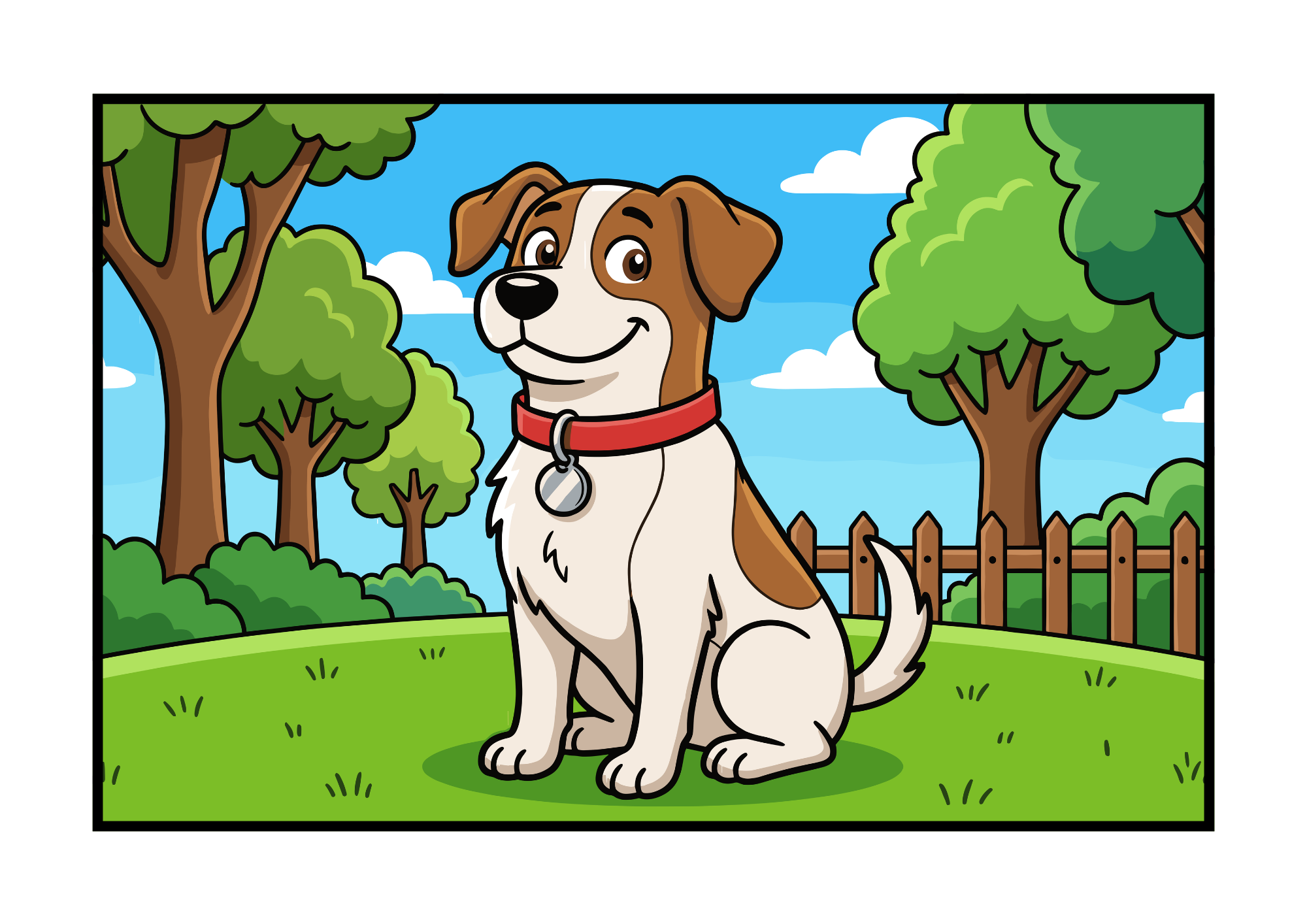 公園にいる笑顔の犬のぬりえ見本|子供向け動物イラスト