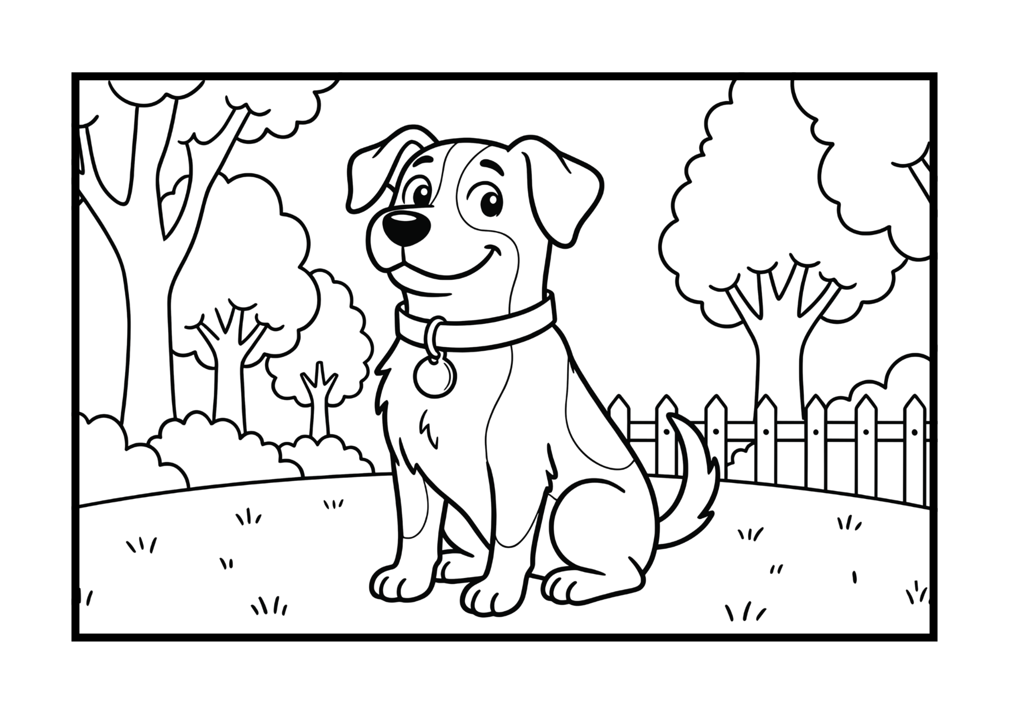 公園にいる笑顔の犬のぬりえ見本｜子供向け動物イラスト