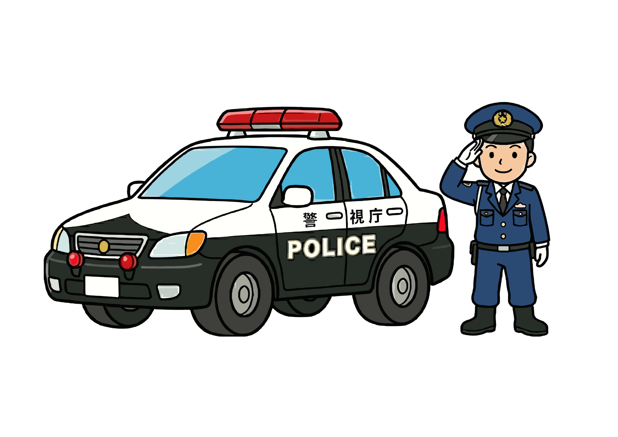 パトカーと警察官のぬりえイラスト｜子供向けはたらく車｜無料ダウンロード
