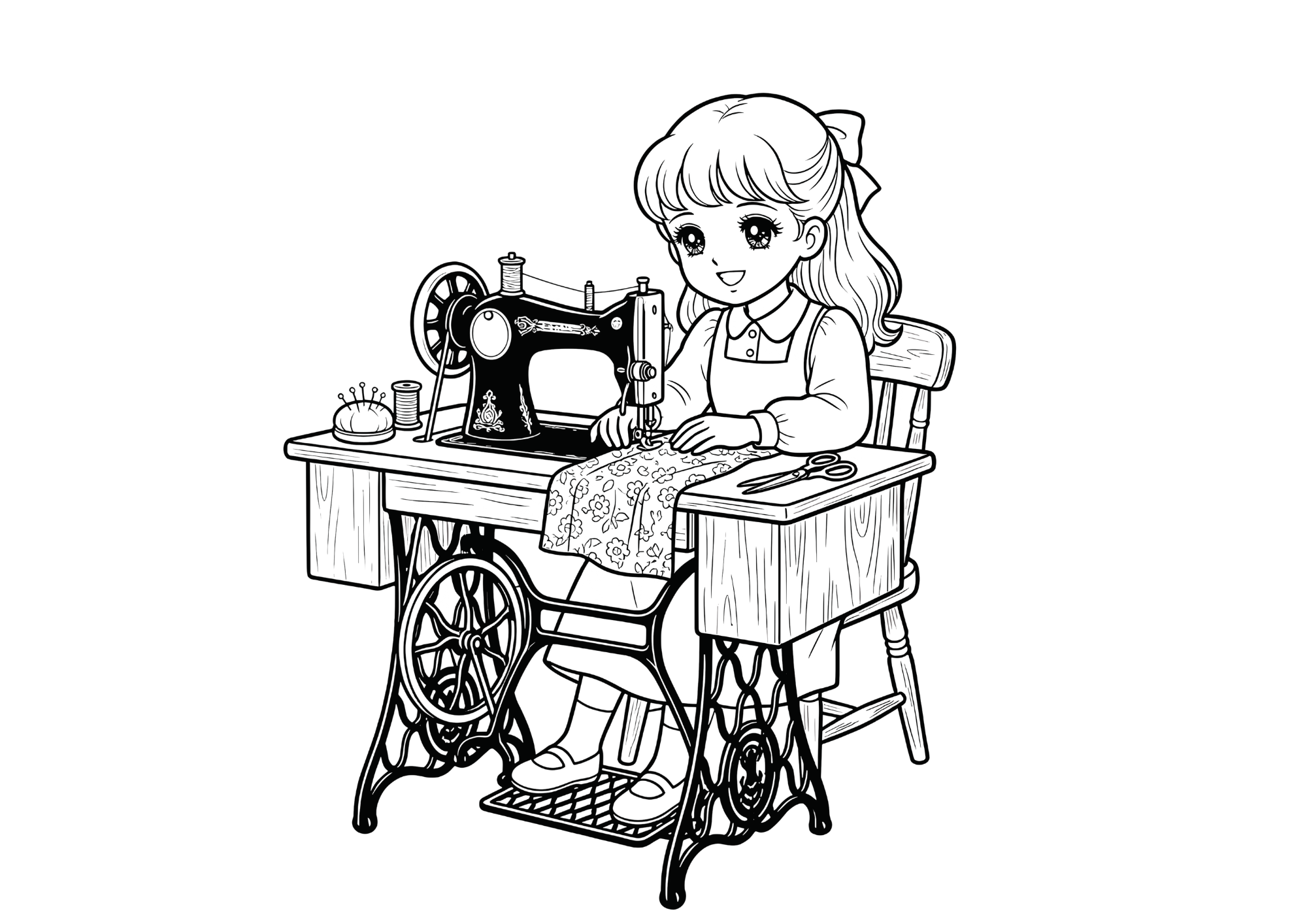 ミシンを縫う昭和レトロな塗り絵イラスト｜白黒フリー画像｜無料素材｜高齢者向け