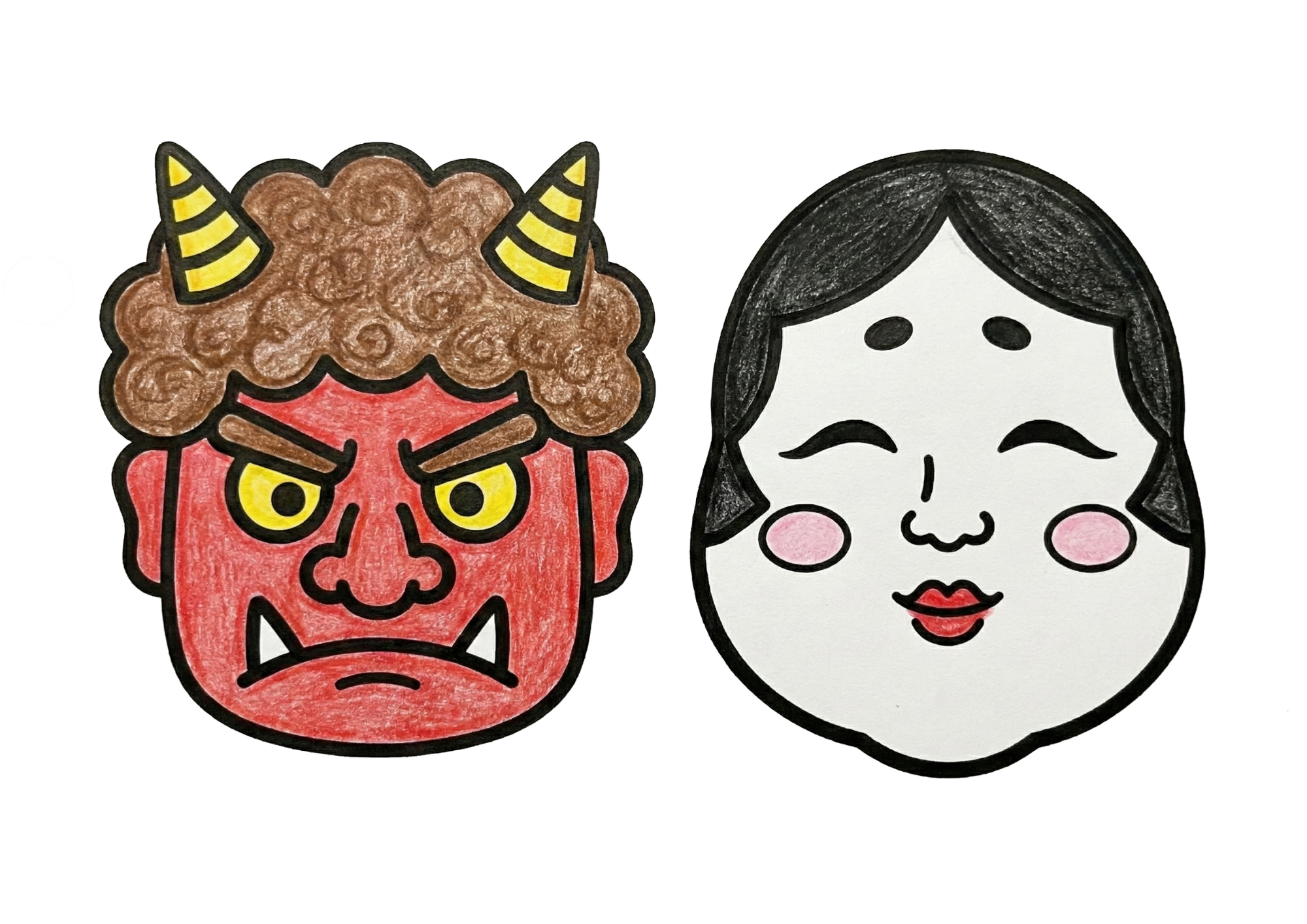 節分のお面ぬりえイラスト｜無料ダウンロード｜白黒フリー画像｜塗り絵素材｜赤鬼とおかめ