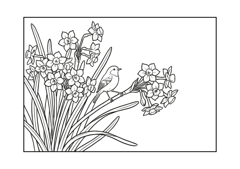 Narcissus and songbird coloring page - free black and white printable