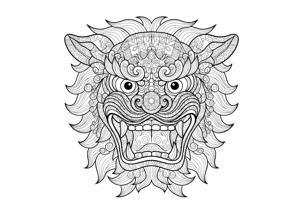 獅子舞の塗り絵イラスト｜大人向け和風アート素材｜無料フリー画像ダウンロード