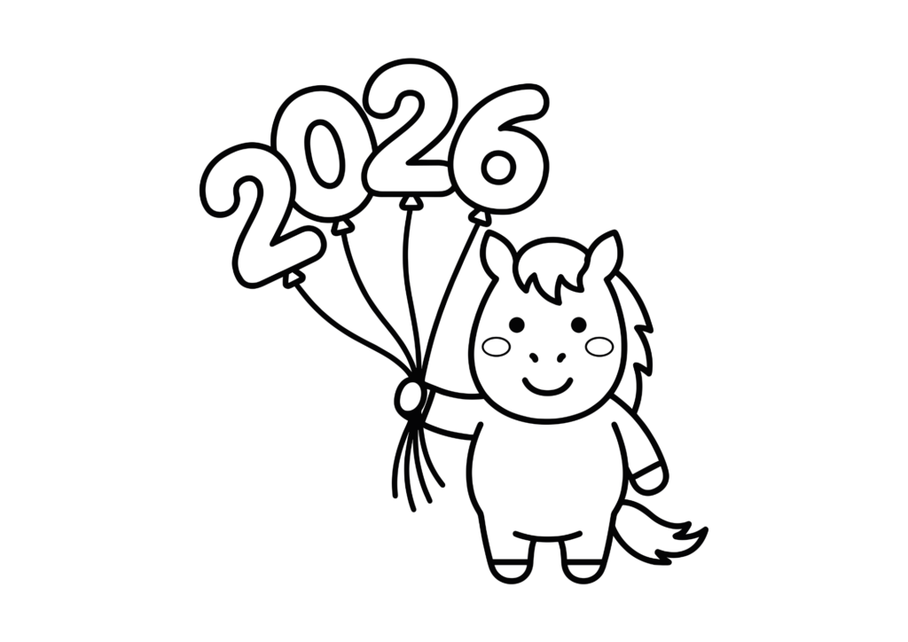 午のぬりえ白黒素材｜2026年の干支塗り絵｜無料ダウンロード｜塗り絵イラスト｜フリー画像｜素材