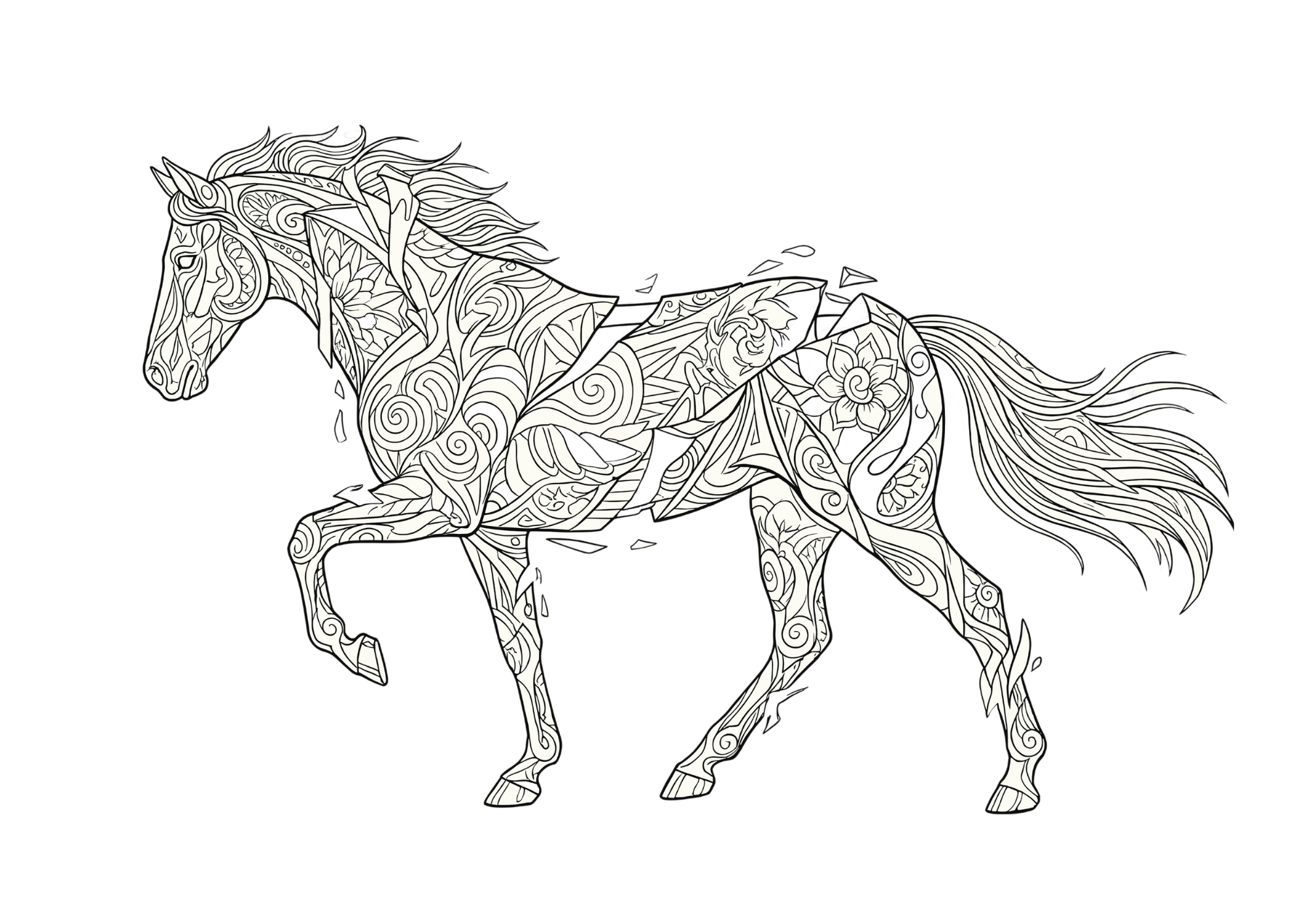 馬の塗り絵｜大人用線画｜無料ダウンロード｜緻密で美しいフリーぬりえ素材