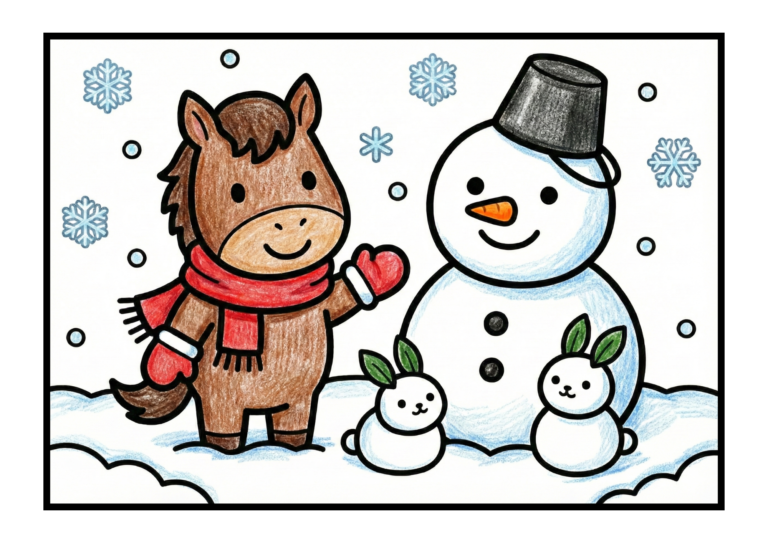 馬と雪だるまのぬりえイラストの無料塗り絵