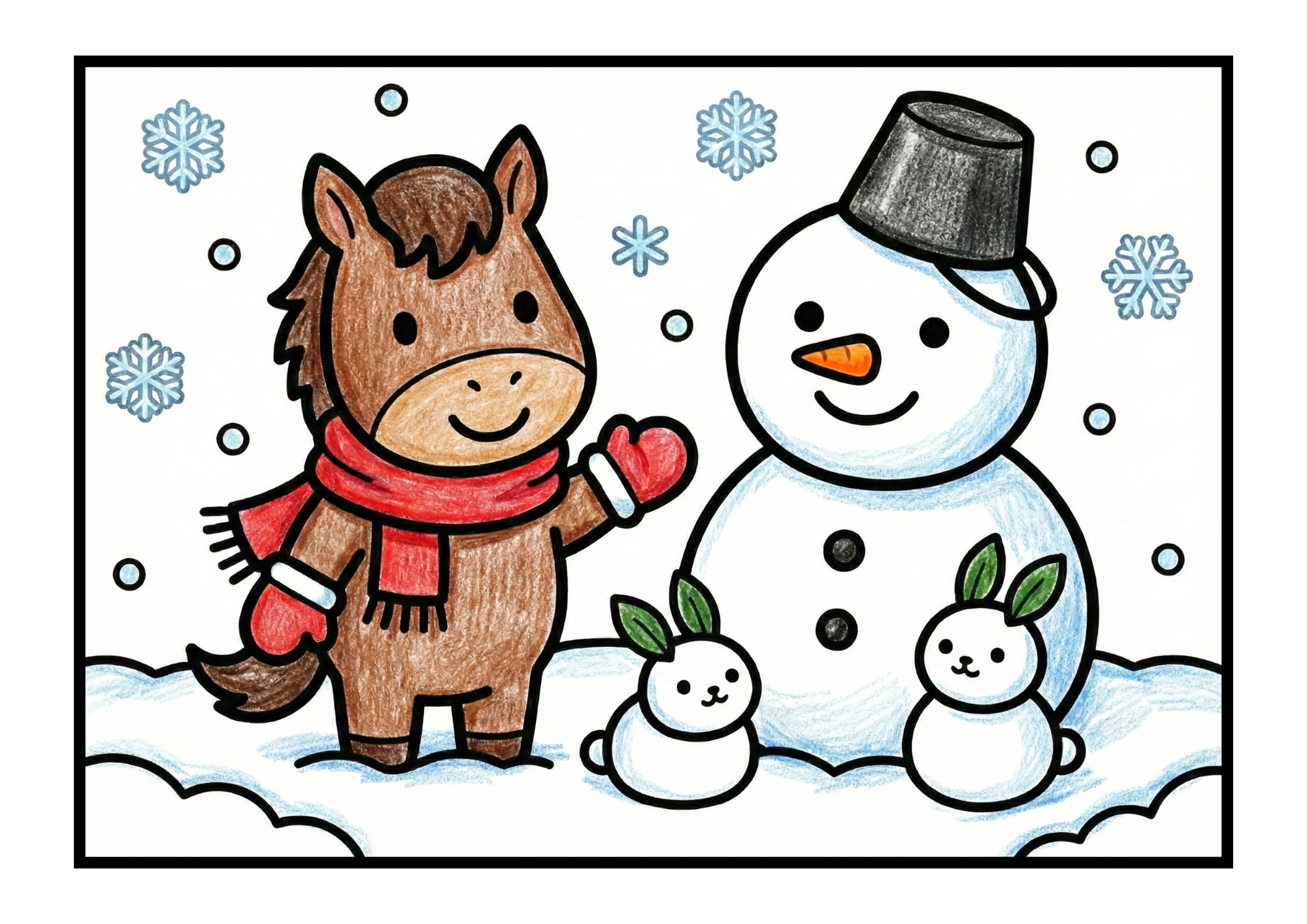 馬と雪だるまのぬりえPDF｜無料ダウンロード｜塗り絵イラスト｜幼児向け冬素材