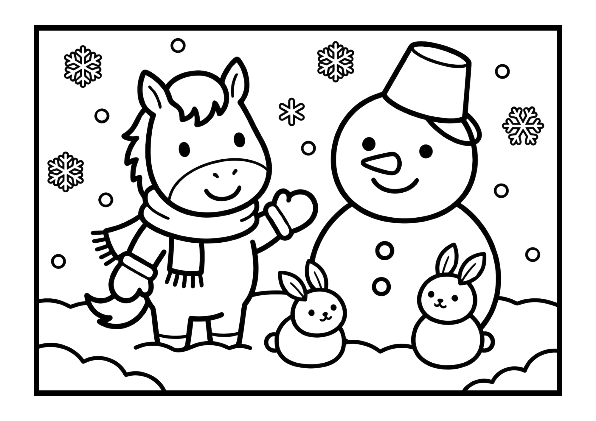 馬と雪だるまの塗り絵イラスト｜白黒フリー画像｜無料素材｜幼児向け
