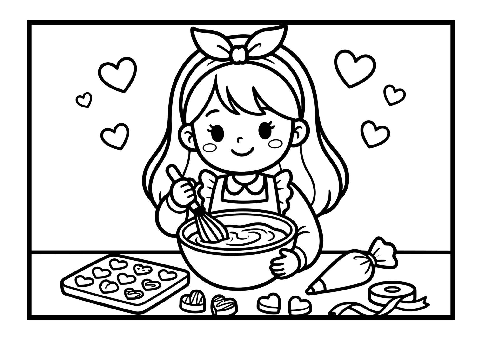 バレンタインの塗り絵イラスト｜白黒フリー画像｜無料素材｜幼児向けチョコ作り