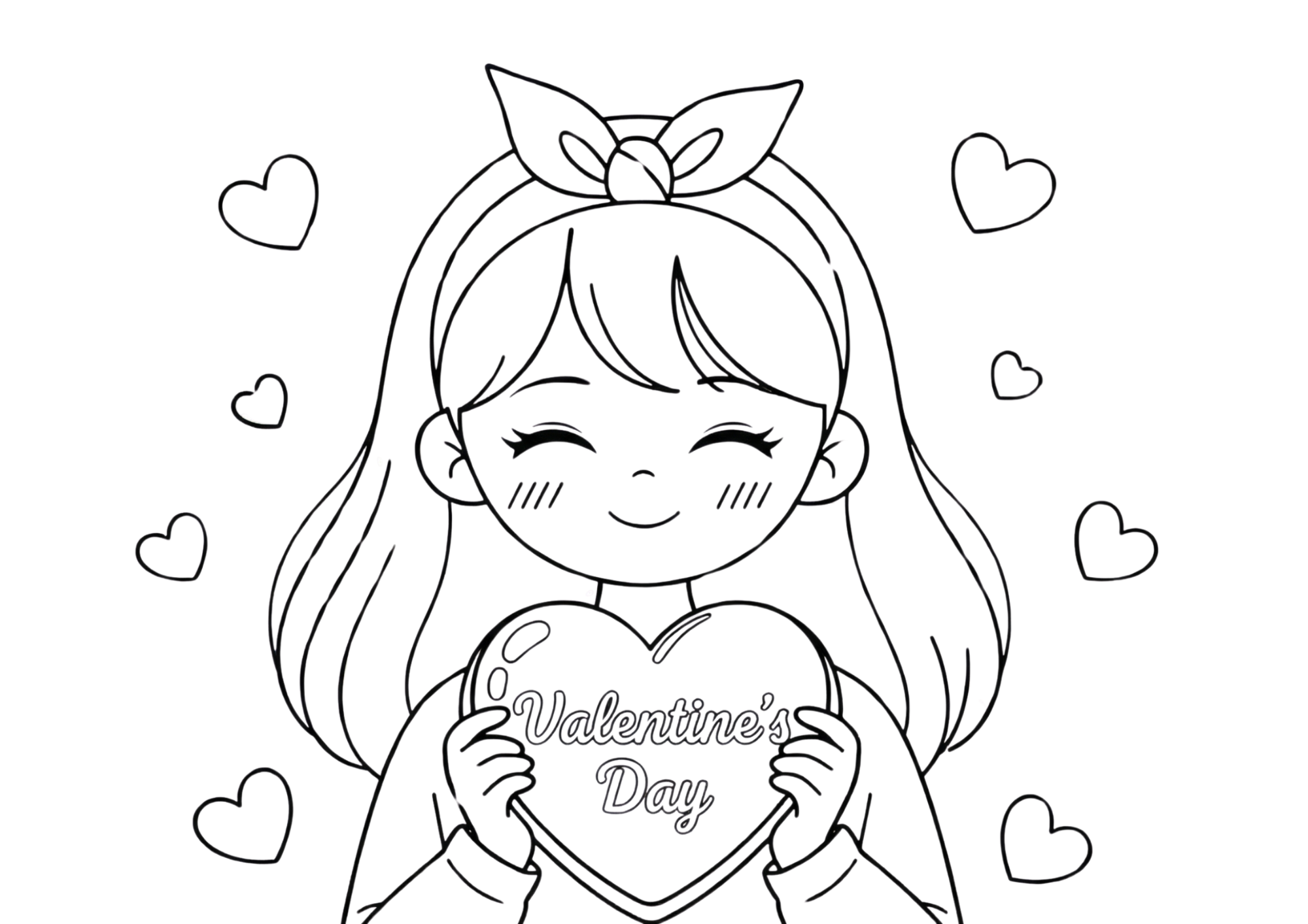 バレンタインの女の子の塗り絵イラスト｜白黒｜無料ダウンロード｜フリー画像｜素材