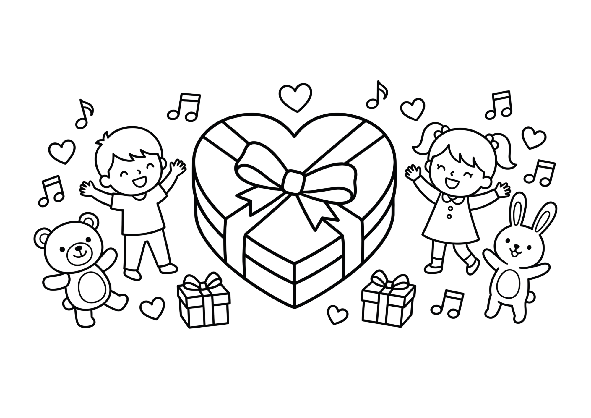 バレンタインの塗り絵イラスト｜無料ダウンロード｜子供向け素材｜白黒フリー画像