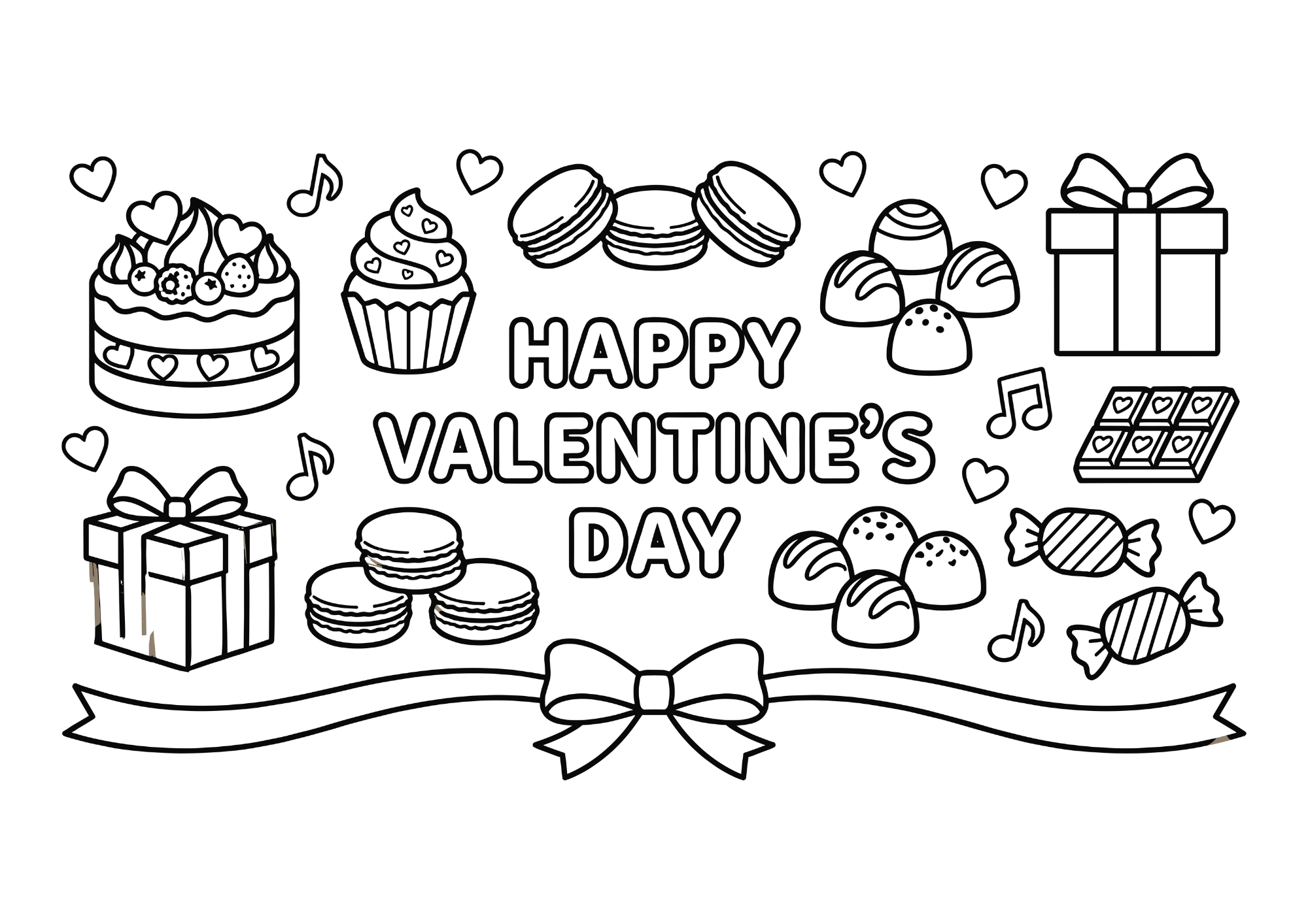 バレンタインの塗り絵イラスト｜白黒フリー画像｜無料素材｜子供向け・高齢者向け