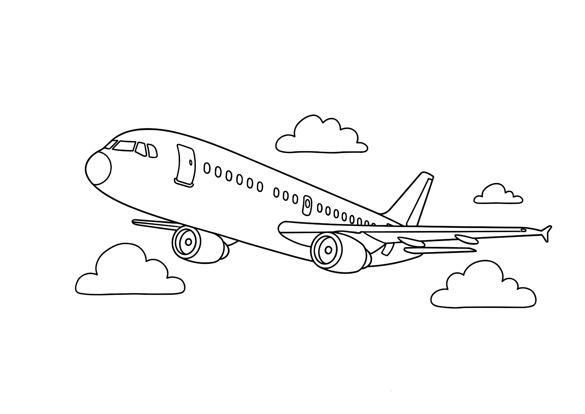 飛行機の塗り絵画像｜空を飛ぶひこうきの白黒イラスト無料素材