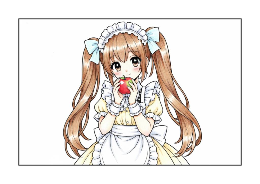 りんごを持つ女の子の塗り絵画像｜無料ダウンロードできる白黒イラストのフリー画像素材