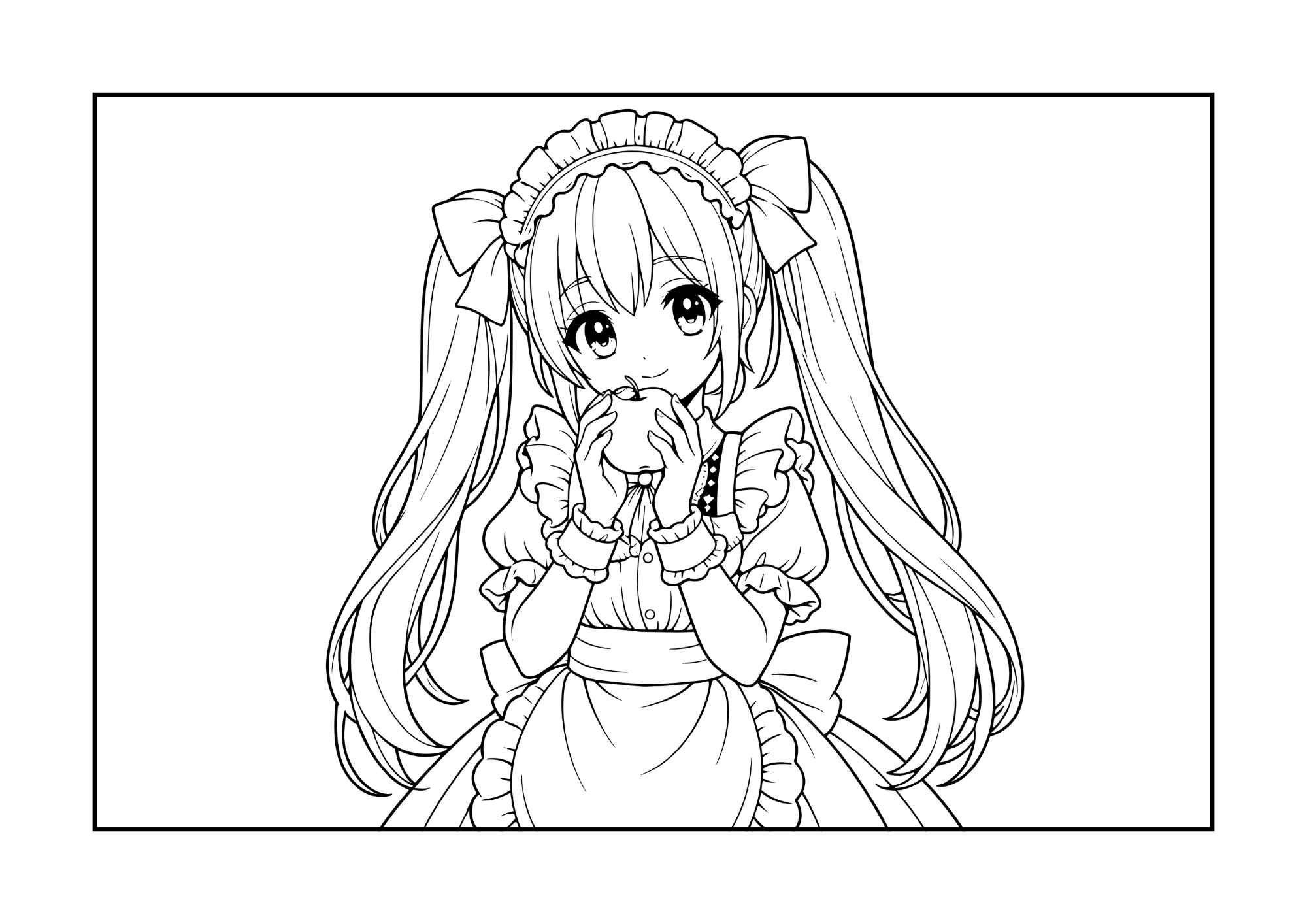 りんごを持つ女の子の塗り絵画像｜無料ダウンロードできる白黒イラストのフリー画像素材