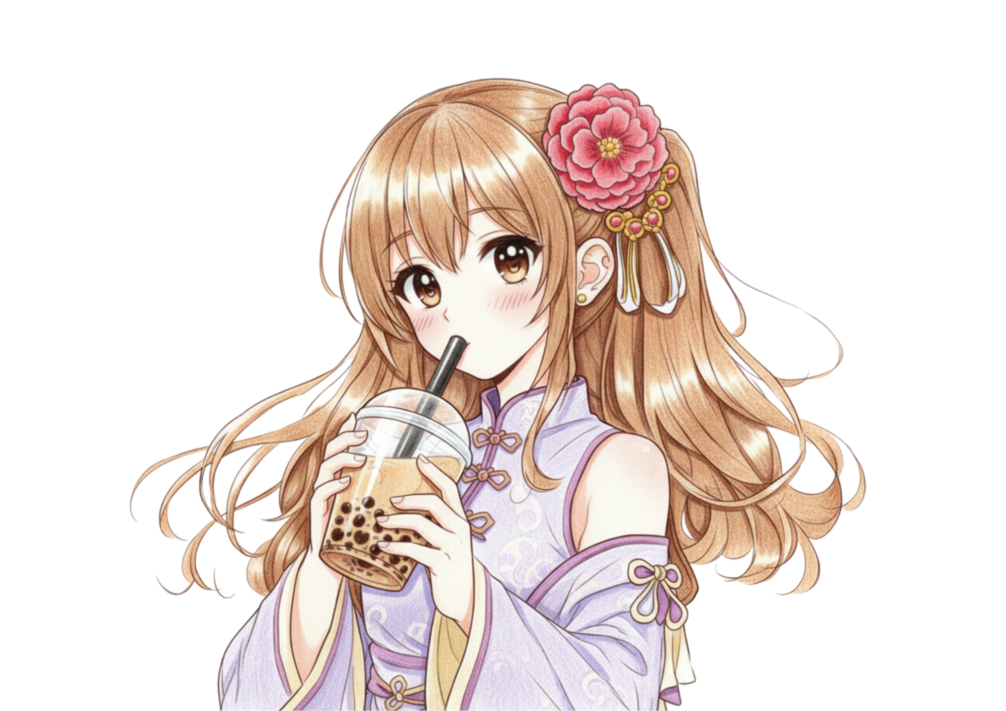 タピオカドリンクを飲む女の子の塗り絵画像｜無料ダウンロードできる白黒イラストのフリー画像素材