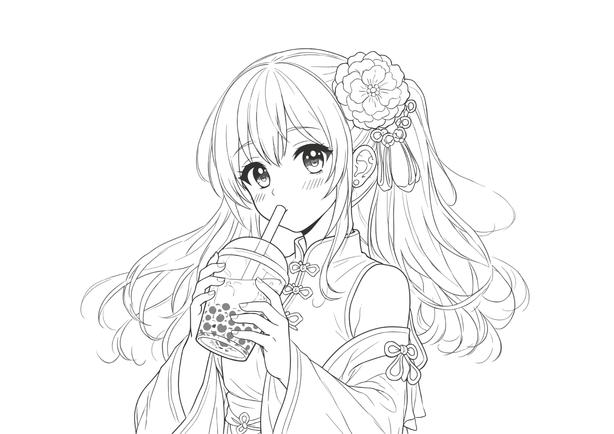 タピオカドリンクを飲む女の子の塗り絵画像｜無料ダウンロードできる白黒イラストのフリー画像素材