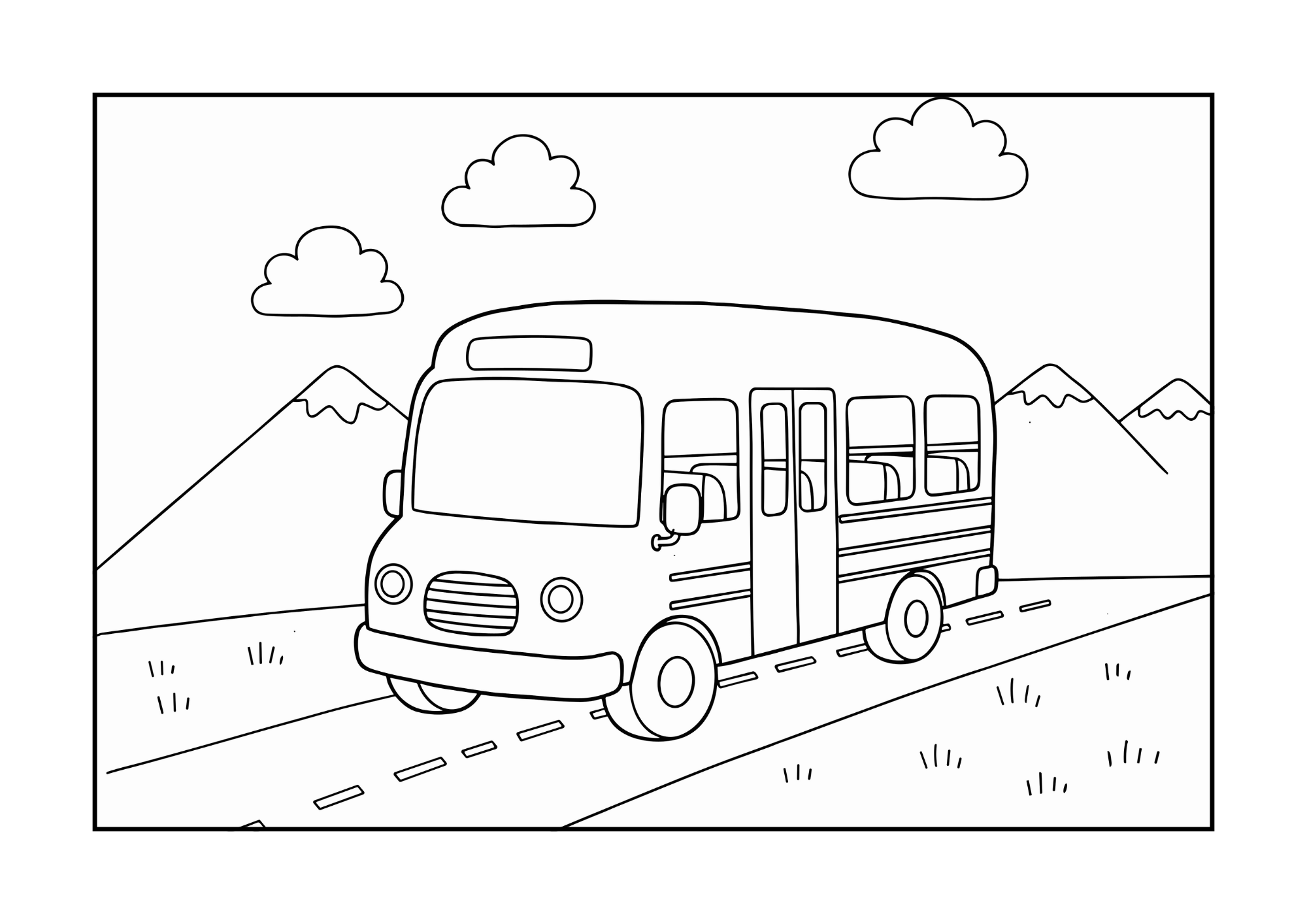 無料でダウンロードできるバスの塗り絵画像｜白黒・太線・フリー画像素材