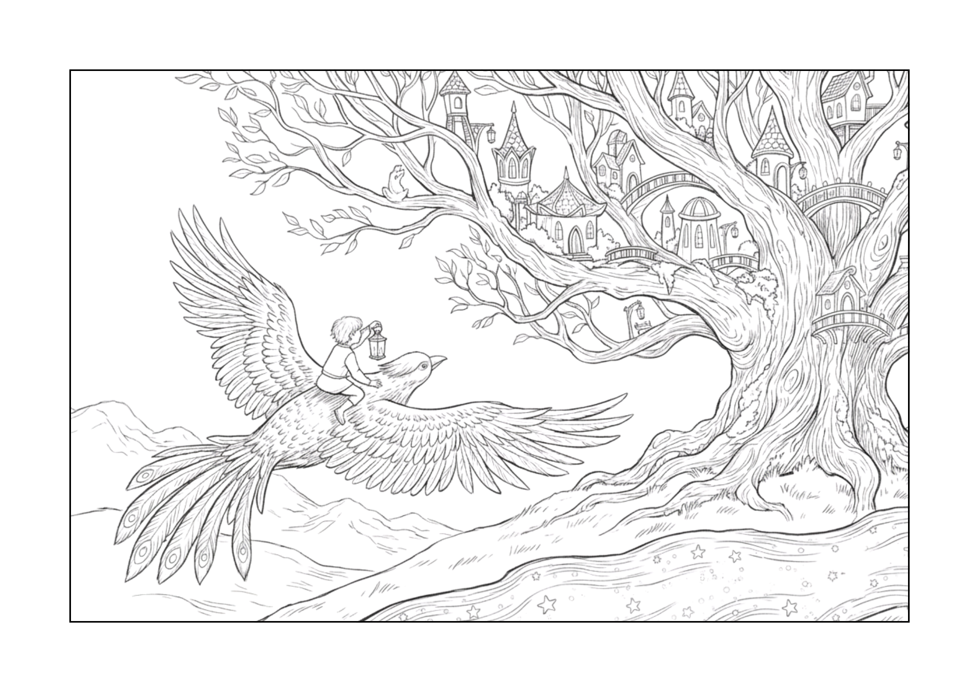 ファンタジーの大人の塗り絵イラスト｜無料ダウンロードできる白黒コロリアージュ素材