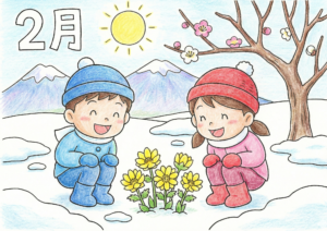 2月の花「福寿草と梅」を楽しむ子どもたちの塗り絵画像｜無料ダウンロードできる白黒イラスト素材