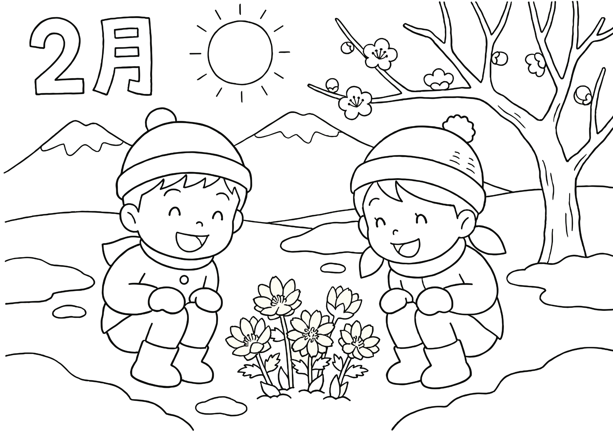 2月の花 福寿草と梅の塗り絵線画|無料ダウンロードできる白黒イラスト素材