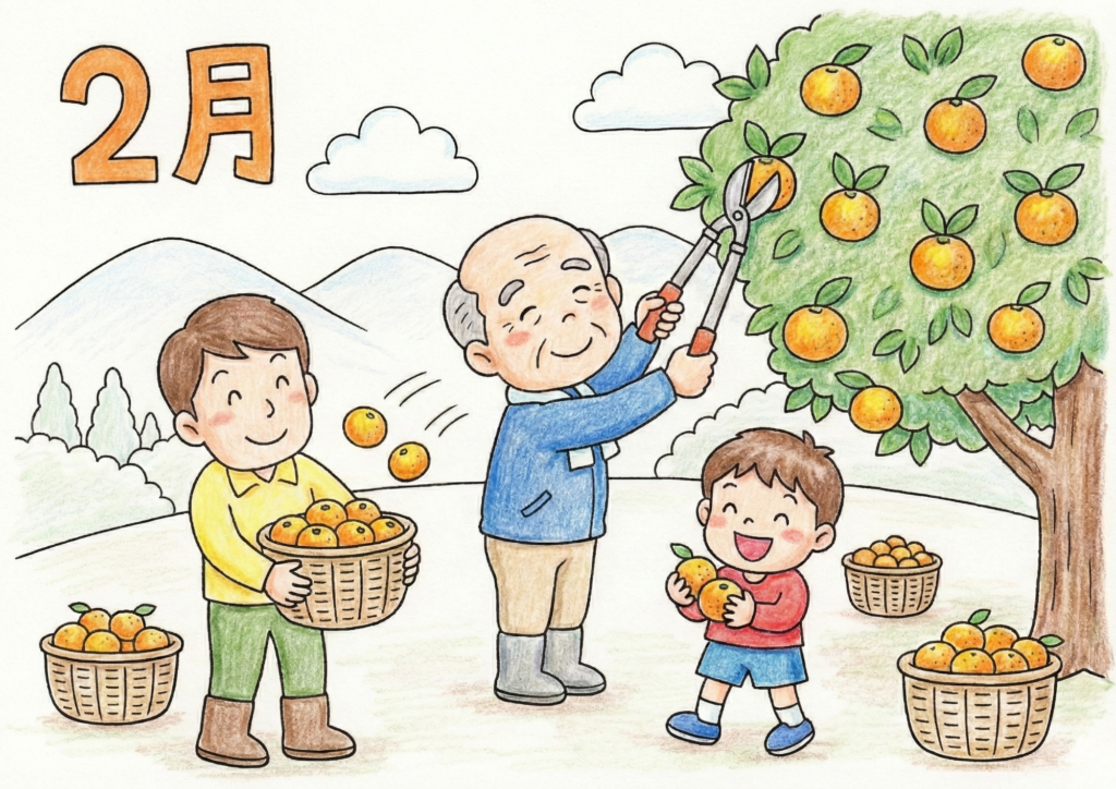 2月のみかん狩りを楽しむ家族の塗り絵画像｜無料ダウンロードできる白黒イラスト素材