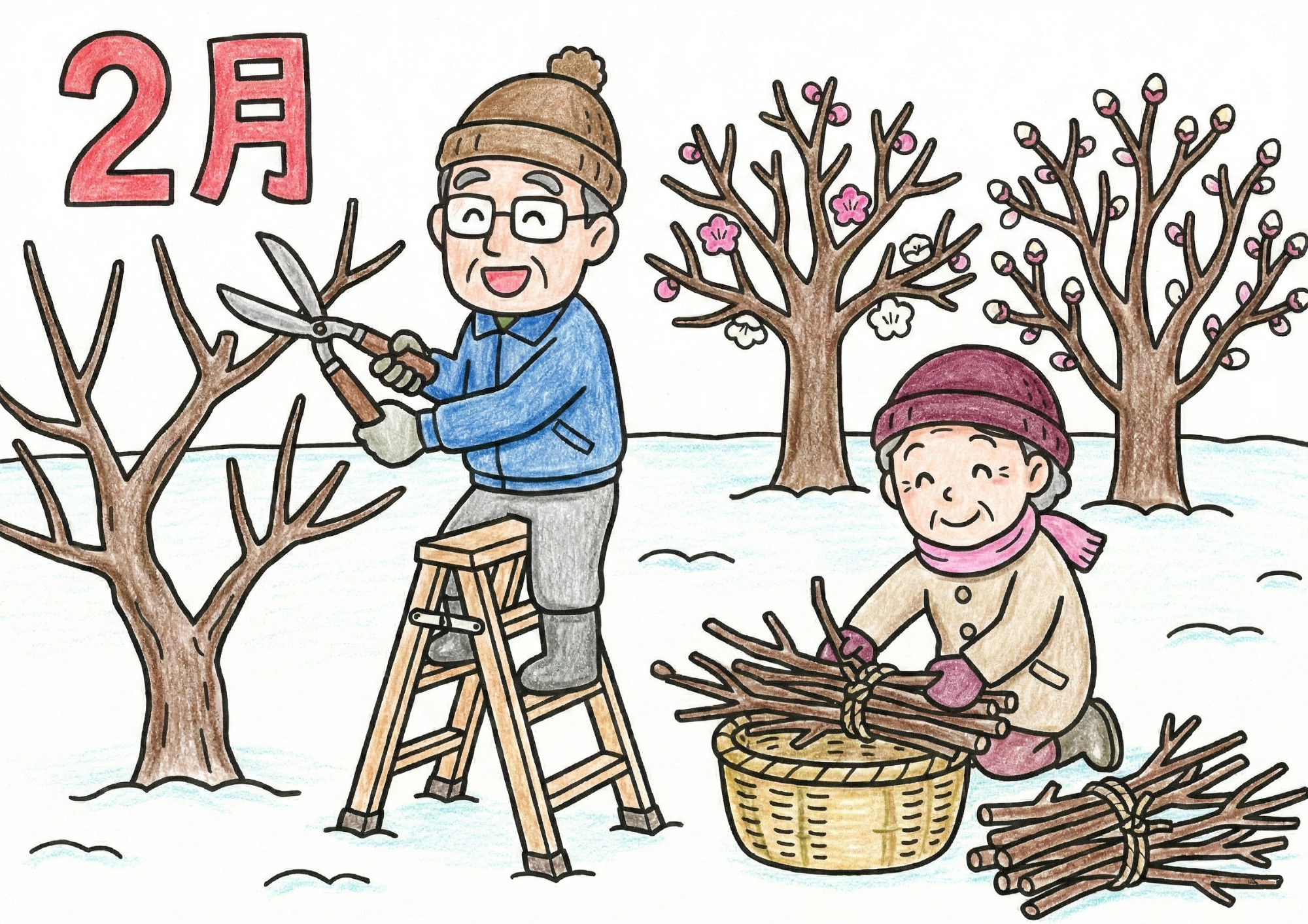 2月の剪定と枝集めを描いた塗り絵画像|無料ダウンロードできる白黒イラスト素材