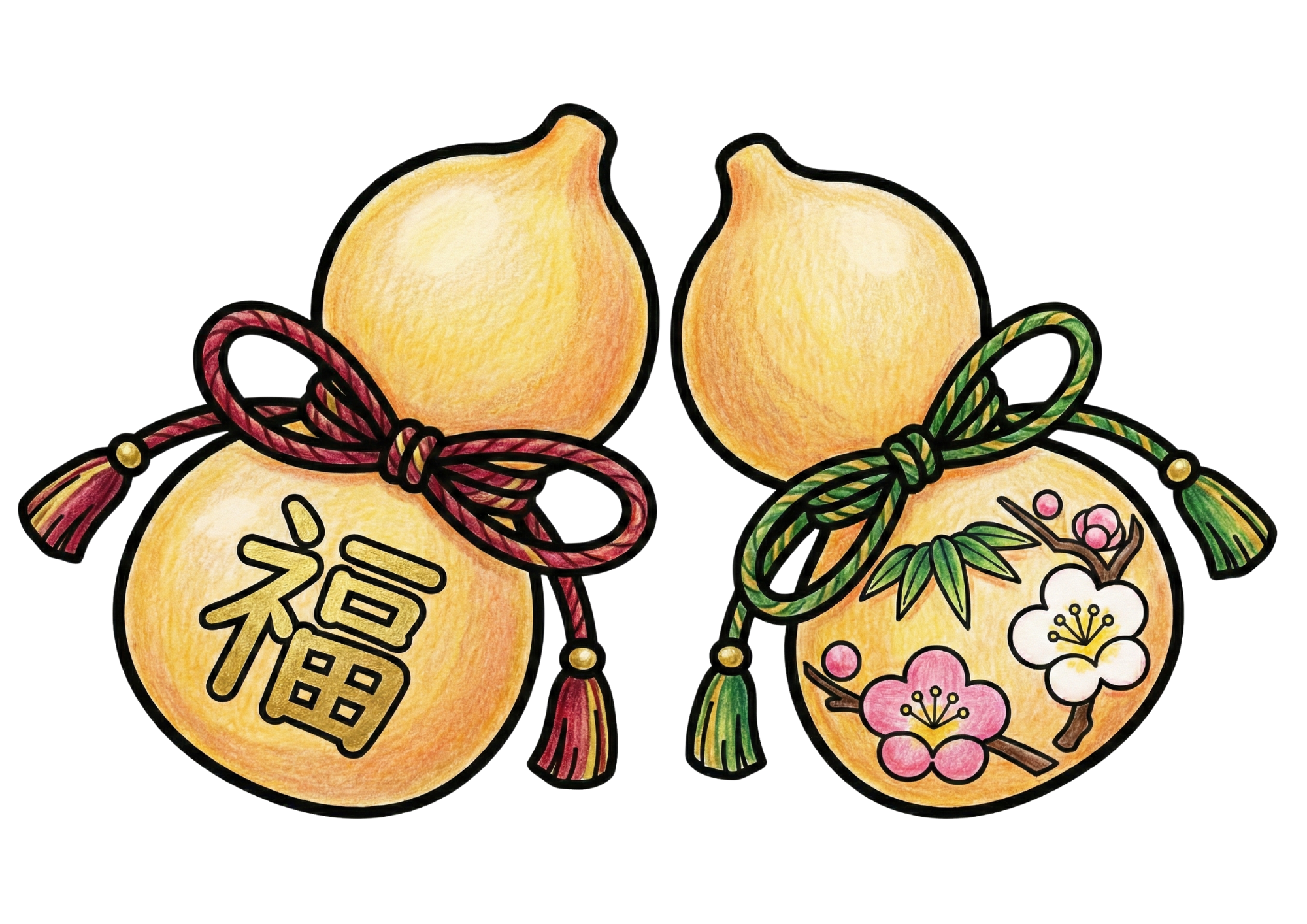 無料でダウンロードできる福の文字入りひょうたんの塗り絵イラスト｜白黒・太線・フリー画像素材