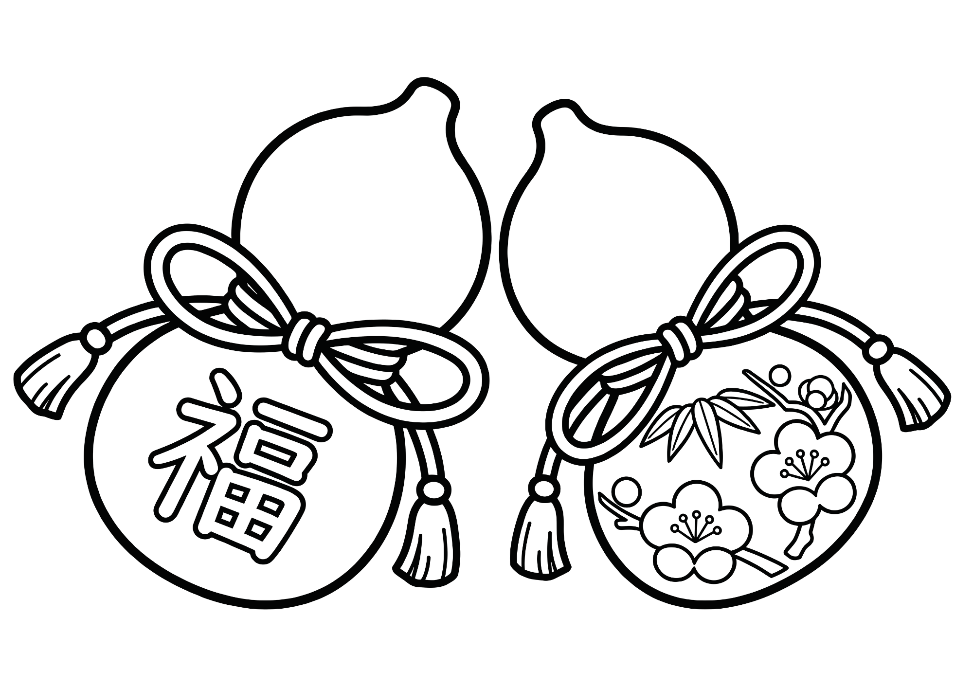 無料でダウンロードできる梅模様のひょうたん塗り絵画像｜白黒・太線・フリー画像素材
