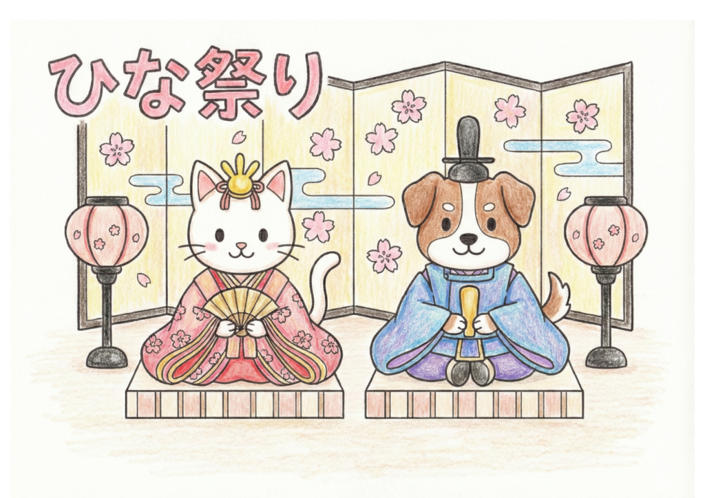 ひな祭りのねこ雛といぬ雛の見本画像｜無料ダウンロードできるイラストのフリー画像素材