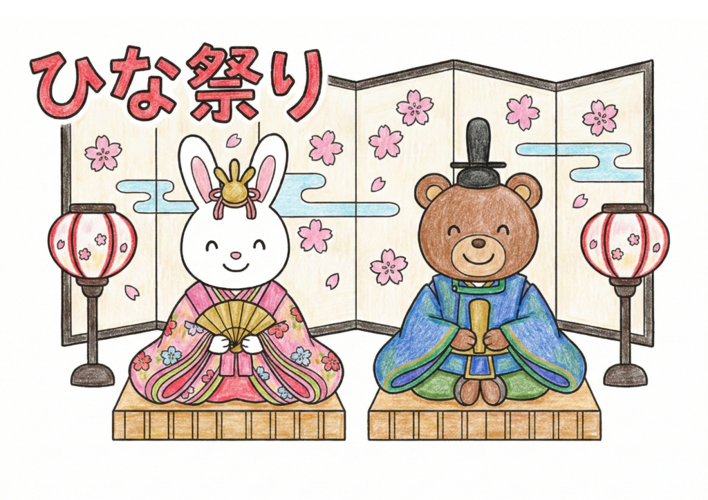 ひな祭りの動物ぬりえ画像｜無料ダウンロードできる白黒イラストのフリー画像素材