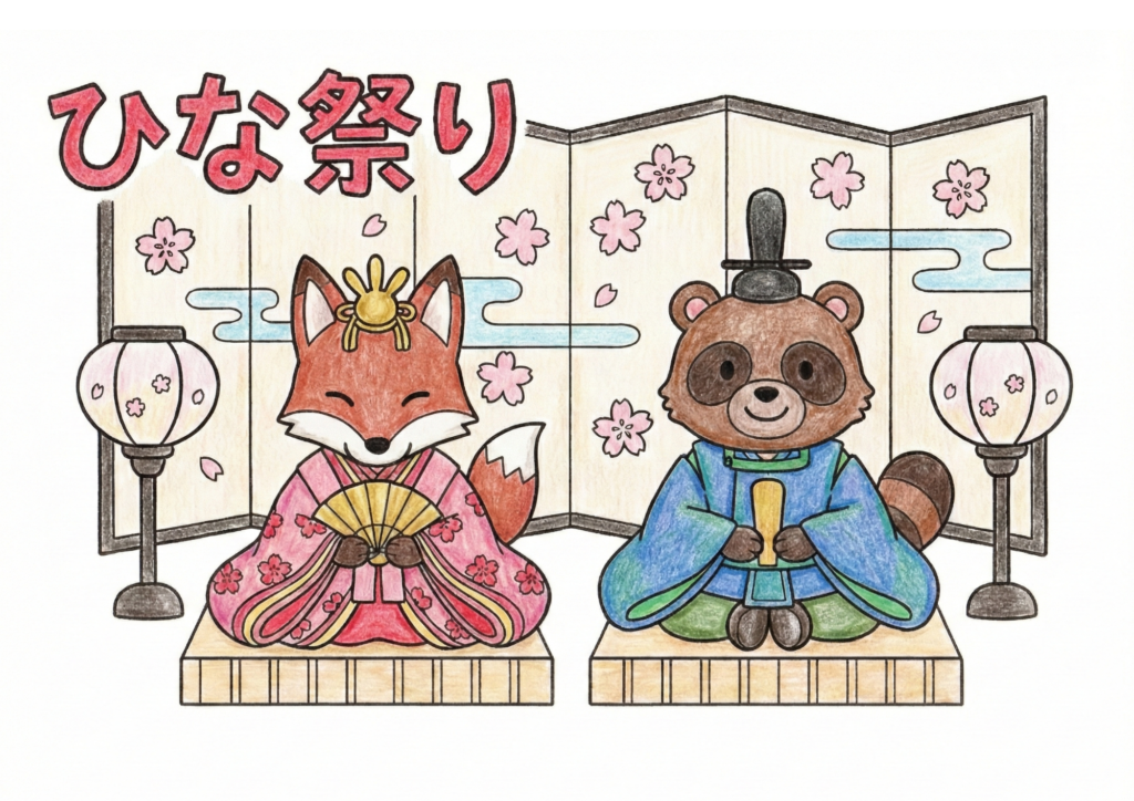 ひな祭りの動物ぬりえ画像｜狐とたぬきの雛人形・無料ダウンロードできる白黒イラスト素材