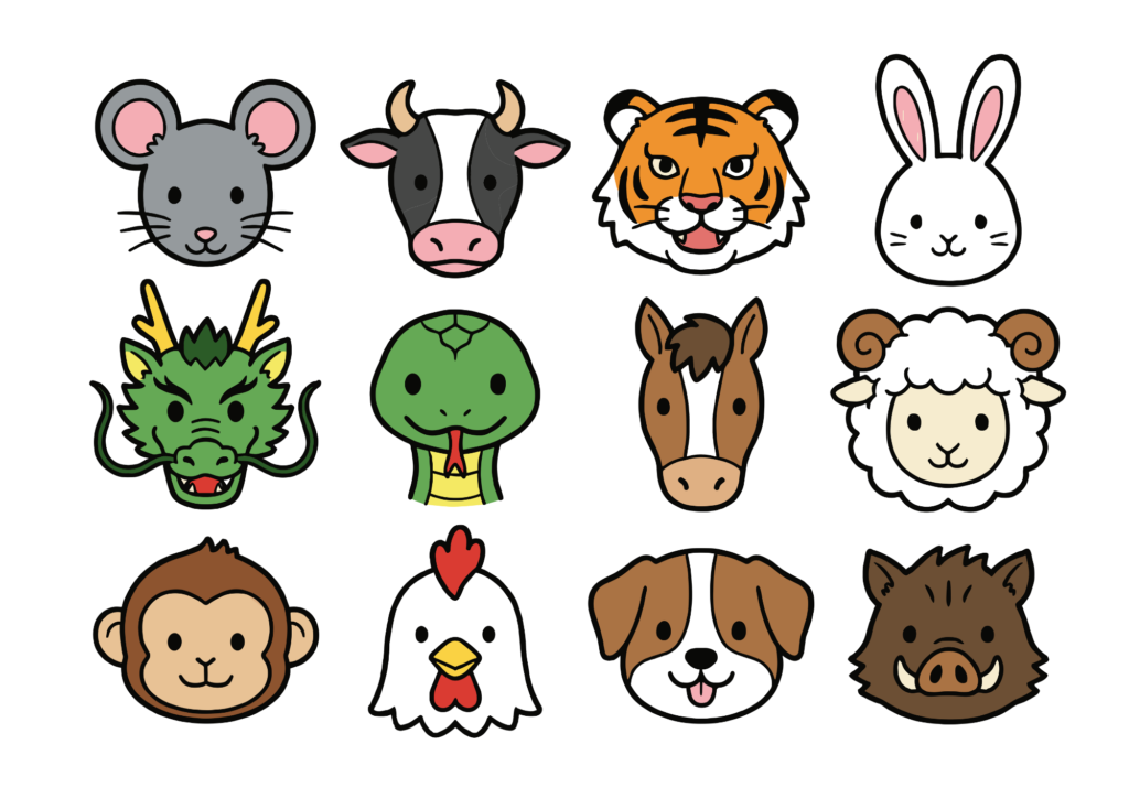 干支12支のフリー画像ぬりえ｜懐かしい動物たち｜高齢者向け無料ダウンロード素材