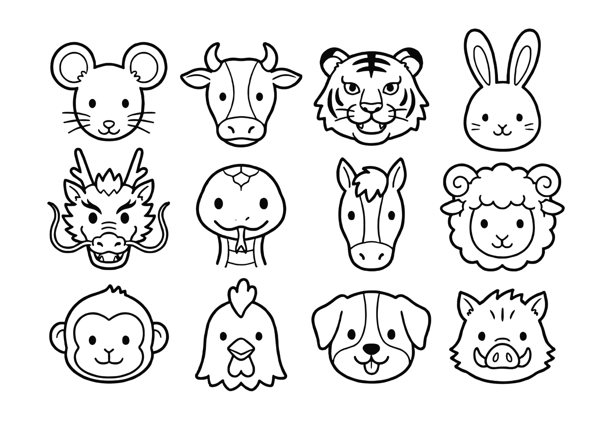 十二支の塗り絵イラスト｜白黒フリー画像｜無料素材｜高齢者向け