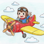 飛行機に乗る子どもの塗り絵