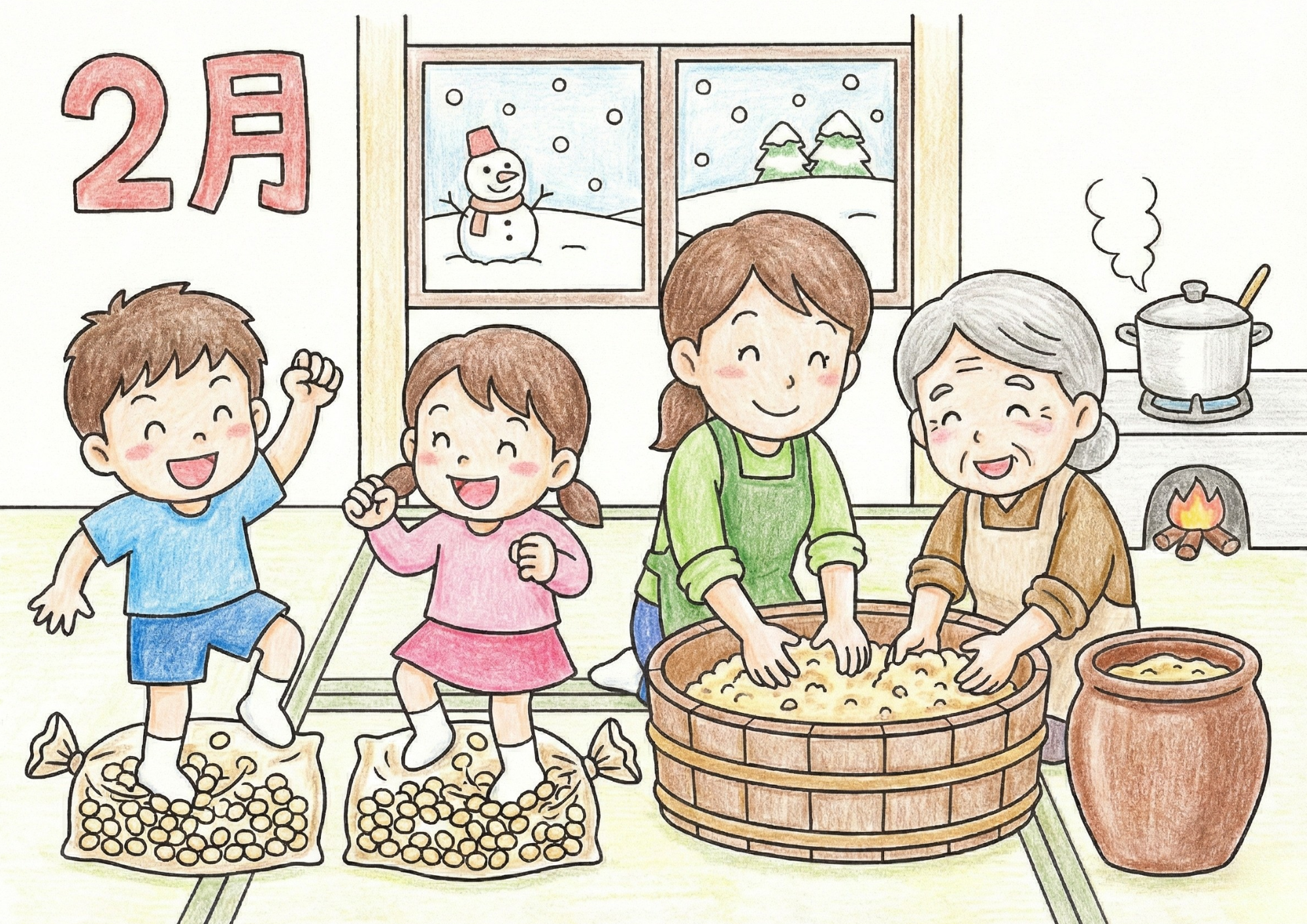 2月の味噌作りの様子を描いた無料ダウンロードできる塗り絵イラスト白黒フリー画像素材