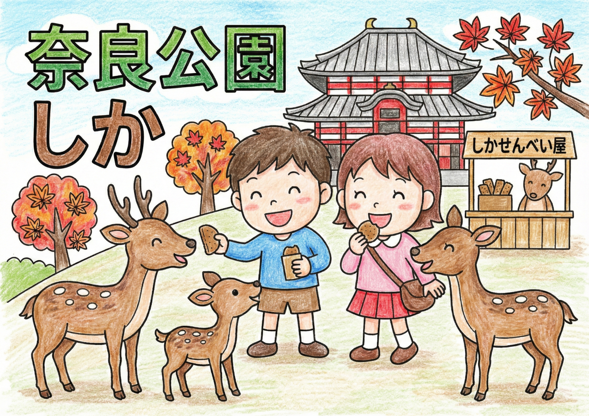 奈良公園の塗り絵イラスト｜しかと観光を楽しむ子供たち｜無料ダウンロード｜フリー画像素材