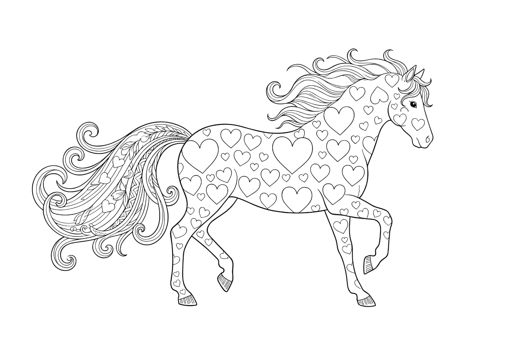 大人の塗り絵｜馬のイラスト｜白黒｜フリー画像｜自律神経を整える素材