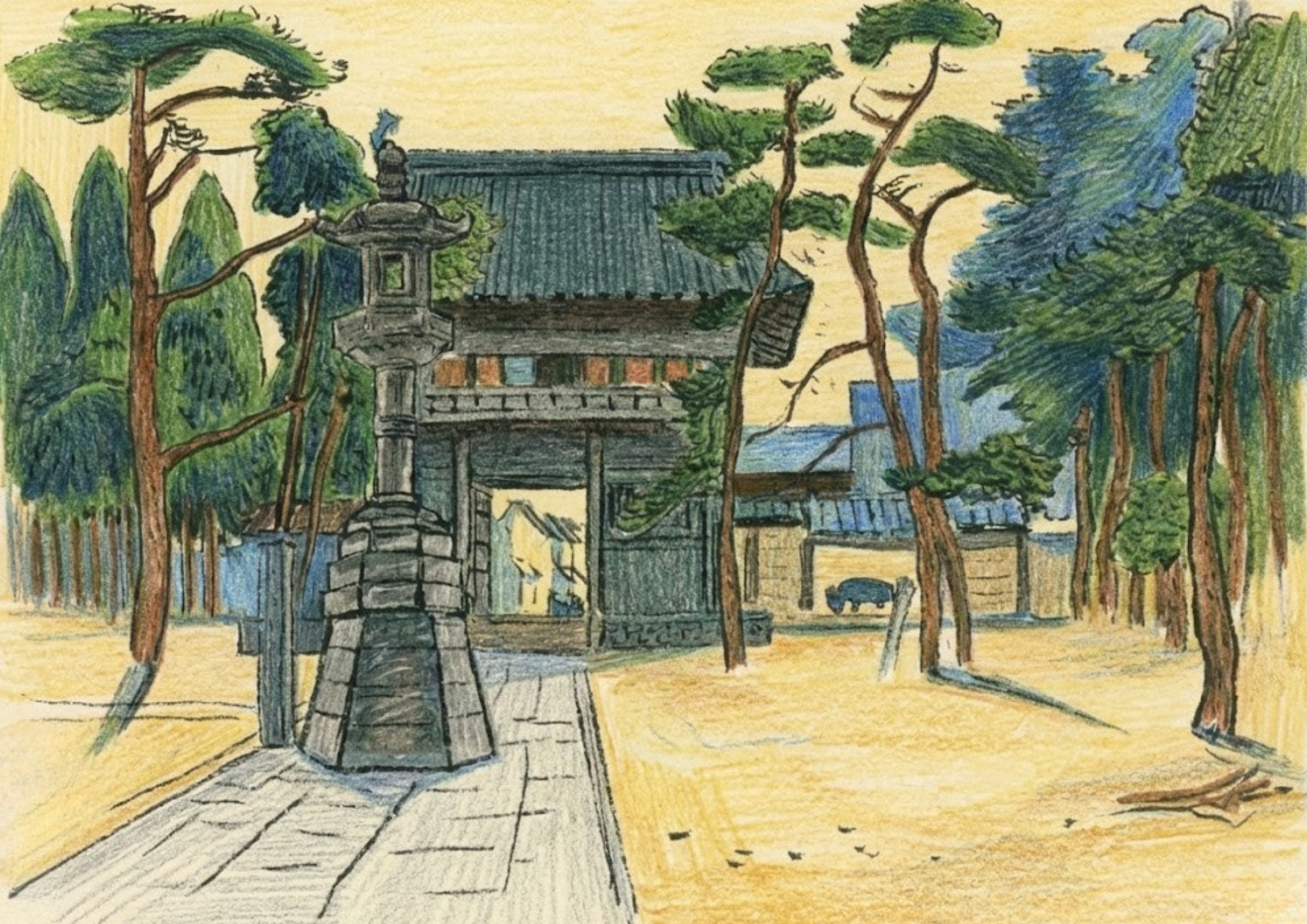 西国三十三所巡礼の寺院と参道風景を描いた無料ダウンロード塗り絵イラスト白黒フリー画像素材