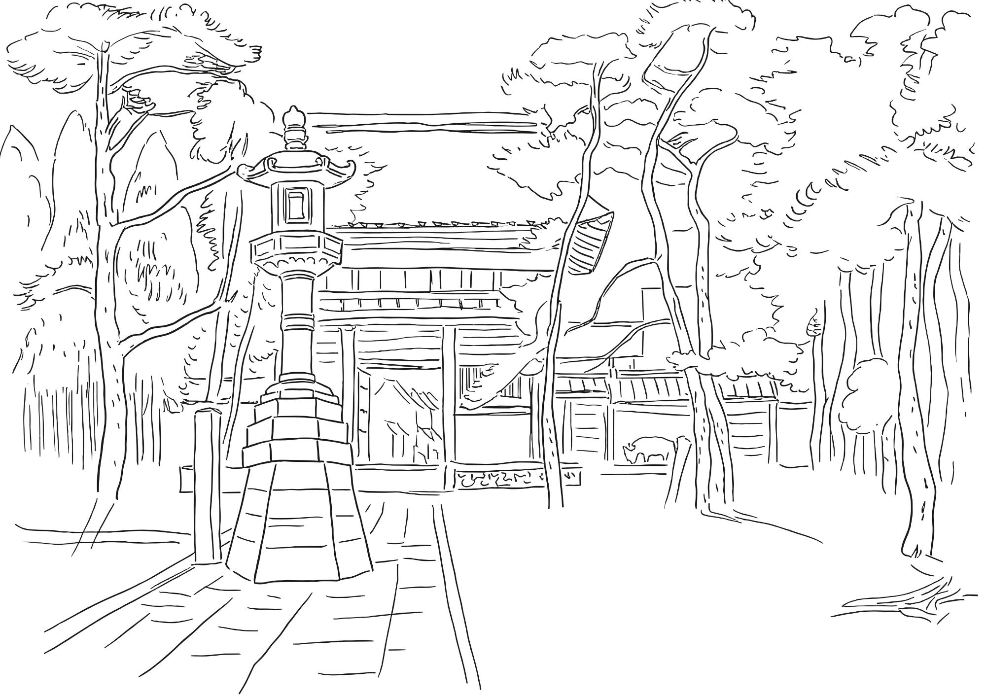 西国三十三所巡礼の参道と寺院を表現した塗り絵無料ダウンロード白黒イラストフリー画像素材