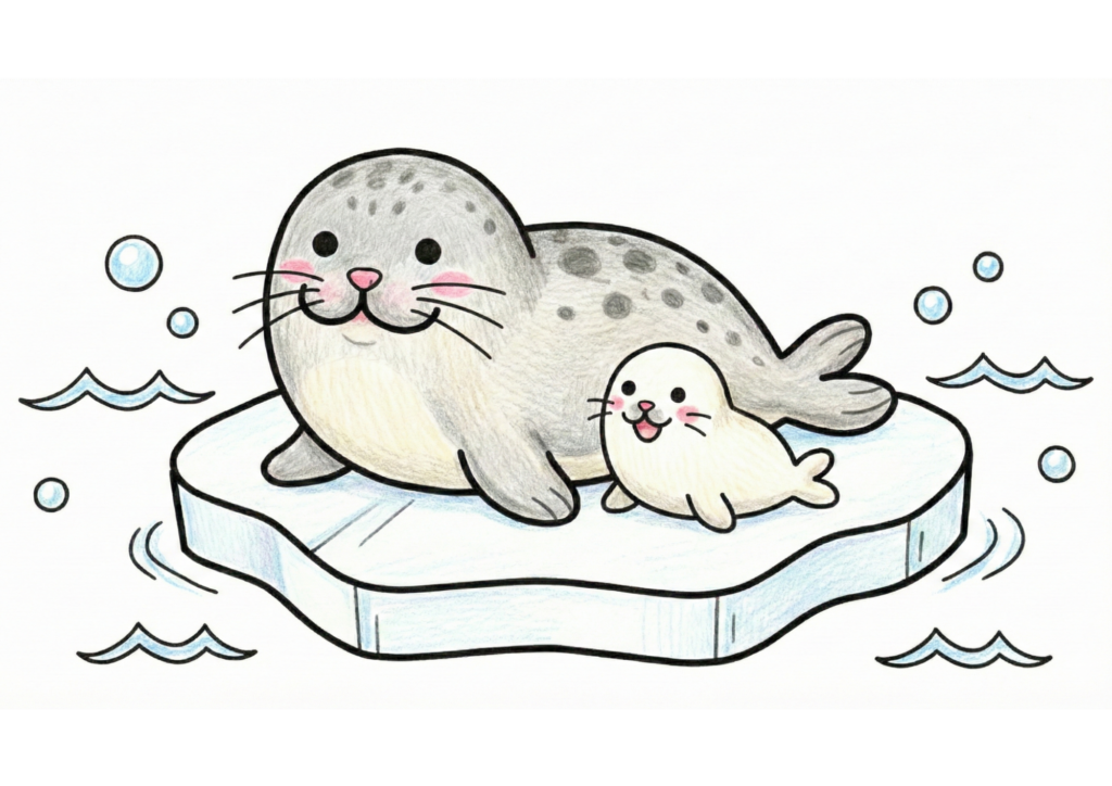 水族館で人気の親子あざらしが寄り添うかわいい無料ダウンロード塗り絵イラスト白黒フリー画像素材