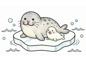 水族館で人気の親子あざらしが寄り添うかわいい無料ダウンロード塗り絵イラスト白黒フリー画像素材