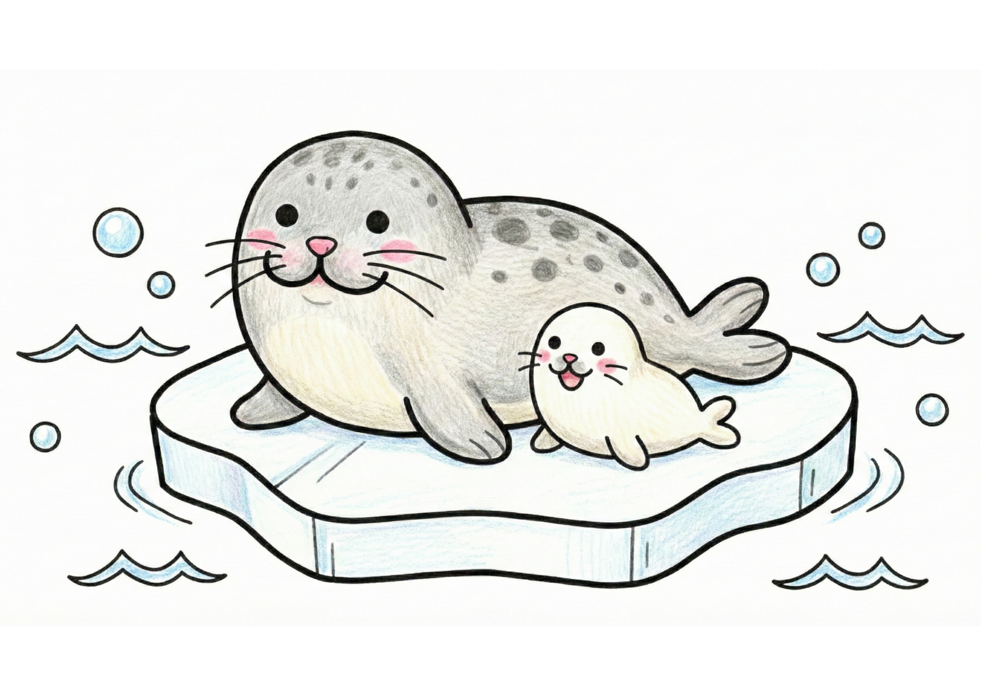 水族館で人気の親子あざらしが寄り添うかわいい無料ダウンロード塗り絵イラスト白黒フリー画像素材