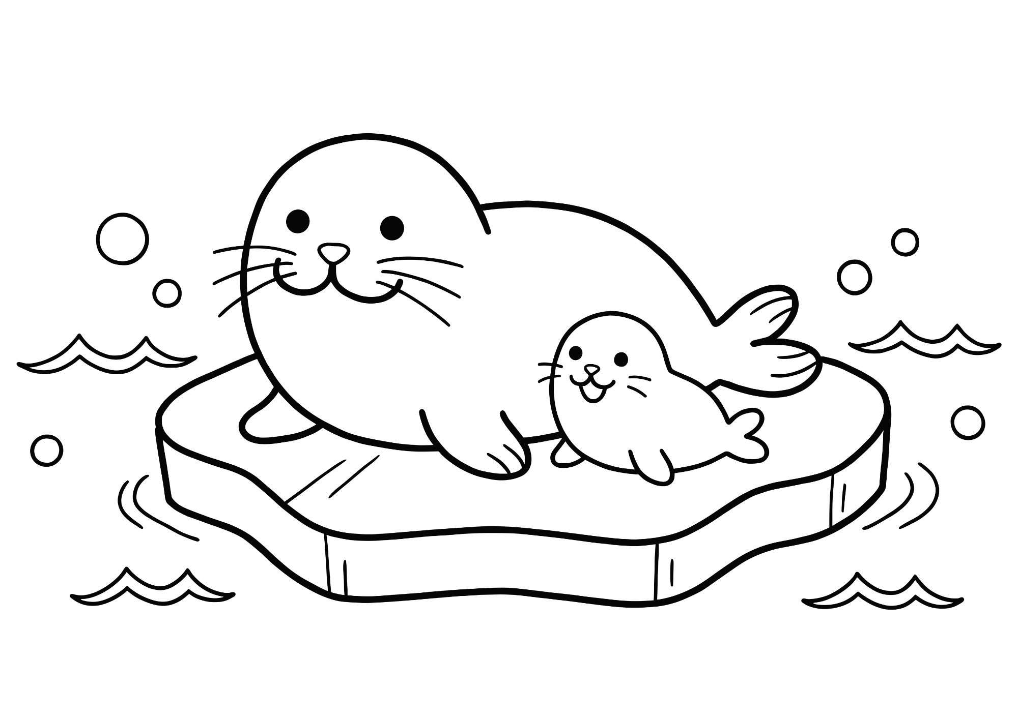 子供向けかわいい親子あざらしの塗り絵無料ダウンロード白黒イラストフリー画像素材