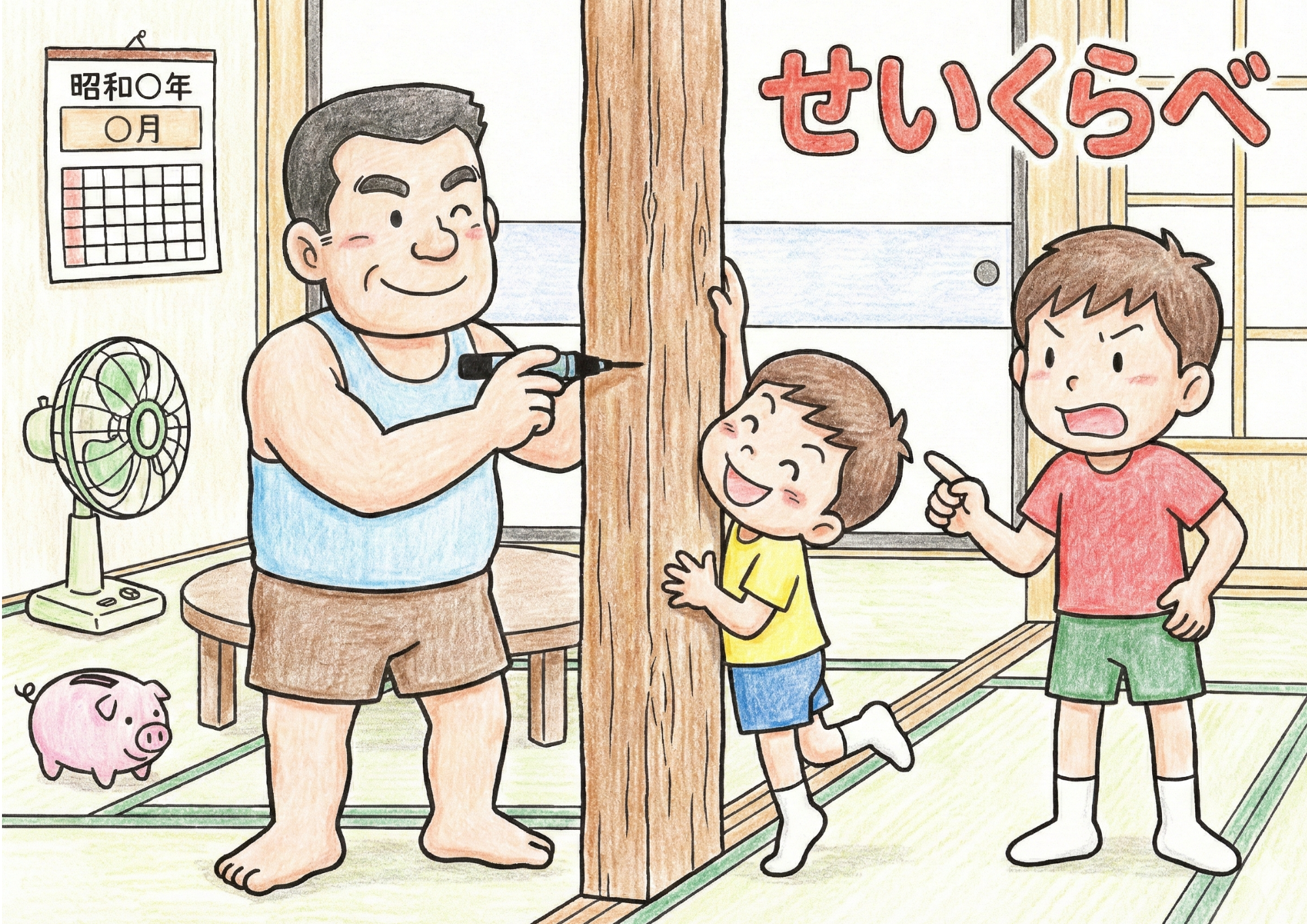 昭和のせいくらべ(柱の身長記録)の見本イラスト|無料ダウンロードできるフリー画像素材