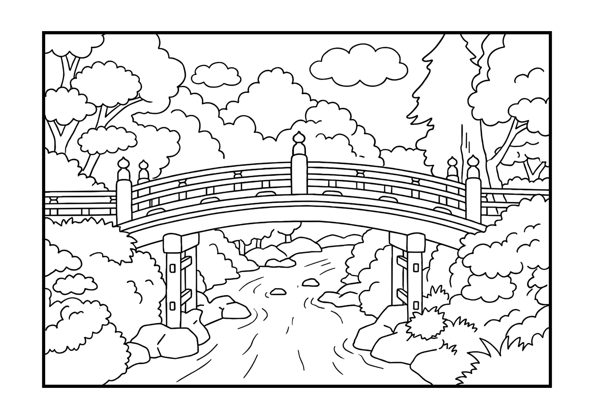 神橋の塗り絵イラスト｜白黒フリー画像｜無料素材｜高齢者向け